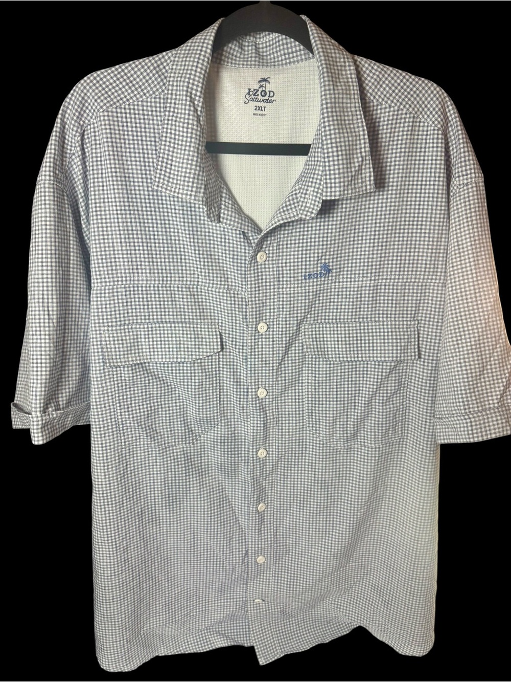 IZOD Saltwater Mens 2 XL Tall short sleeve blue and white gingham check